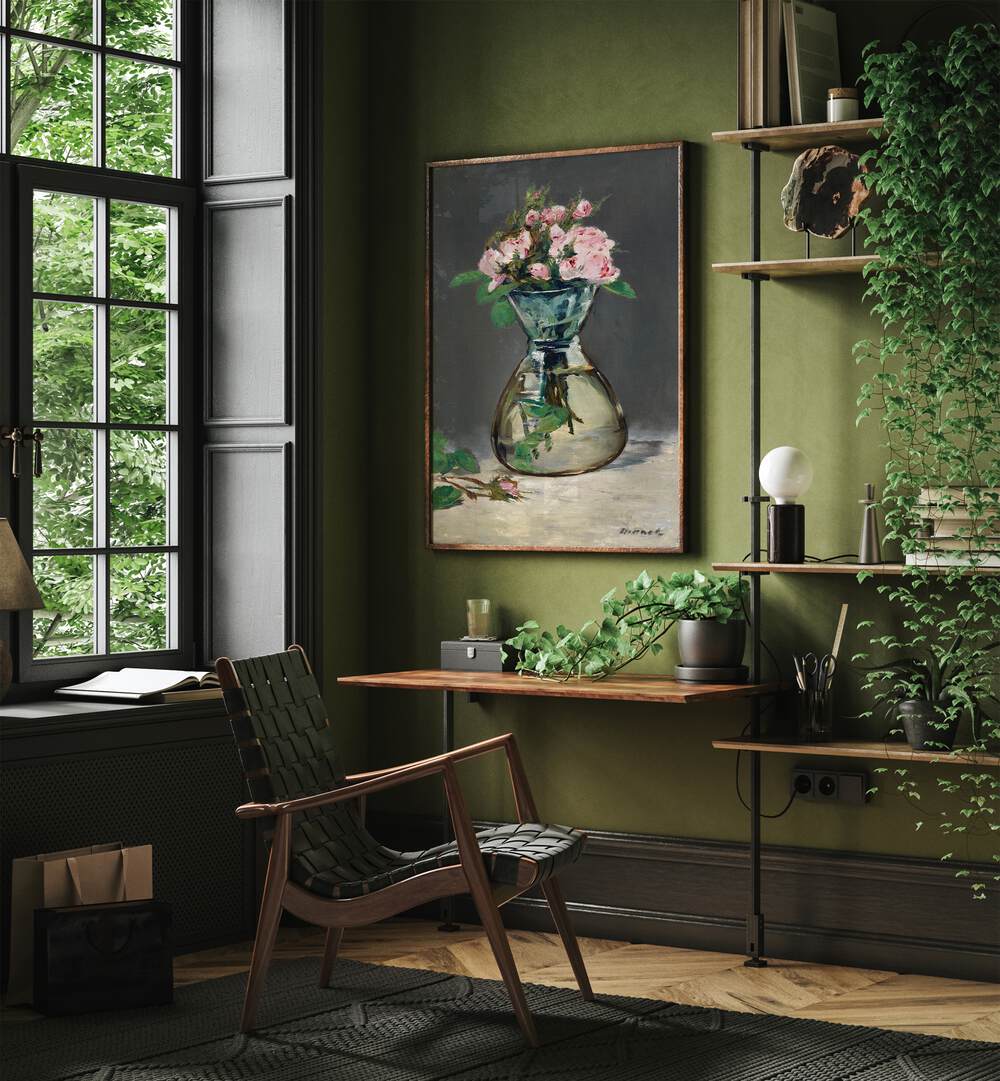 MOSS ROSES IN A VASE, VINTAGE PAINTINGS