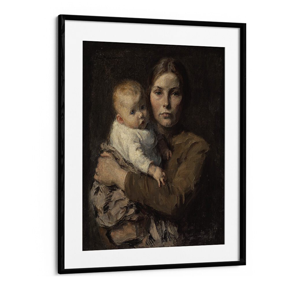 Mother And Child - Gari Melchers Vintage Art Artwork in Black Frame With Mount