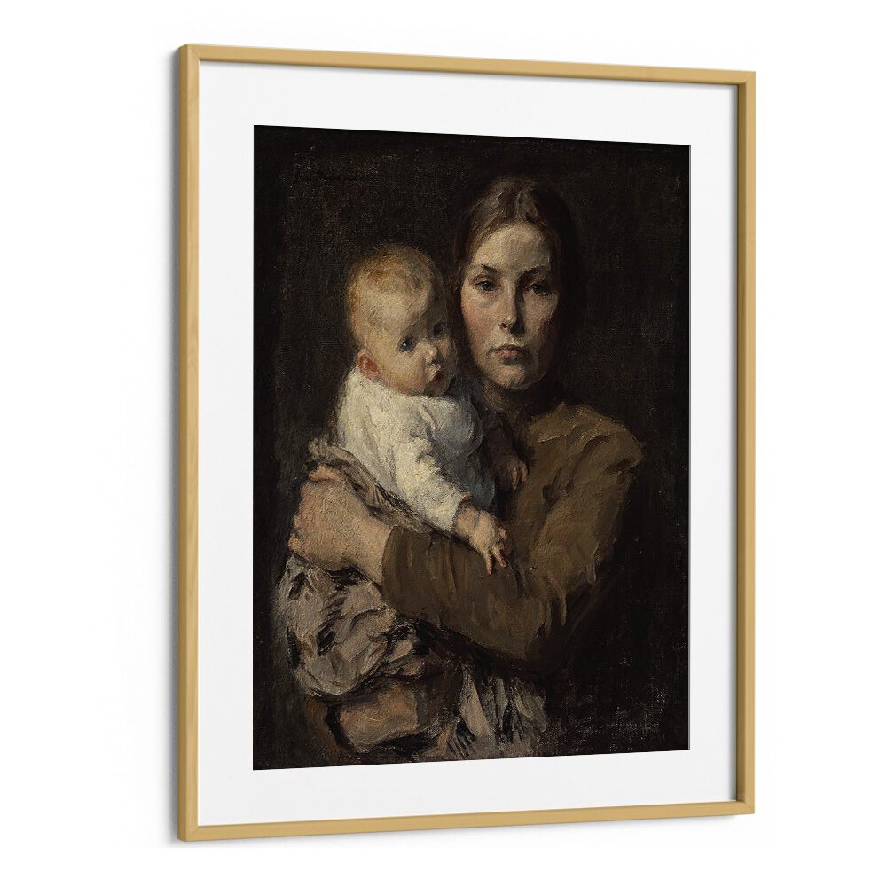 Mother And Child - Gari Melchers Vintage Art Artwork in Oak Wood Frame With Mount