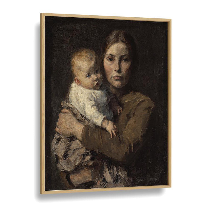 Mother And Child - Gari Melchers Vintage Art Artwork in Oak Wood Plain Frame