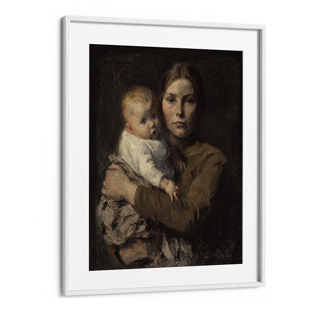 Mother And Child - Gari Melchers Vintage Art Artwork in White Frame With Mount