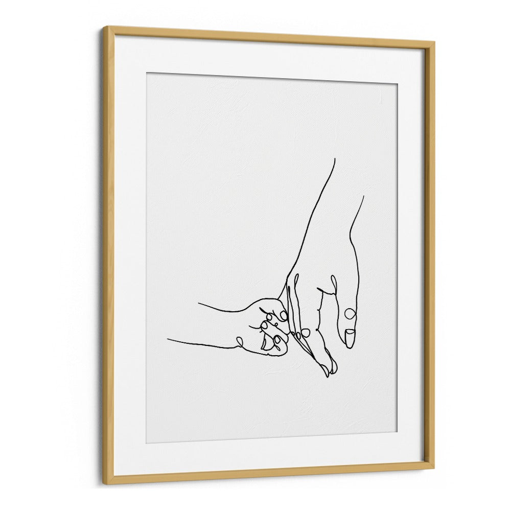 Mother And Daughter Line Art Artwork in Oak Wood Frame With Mount