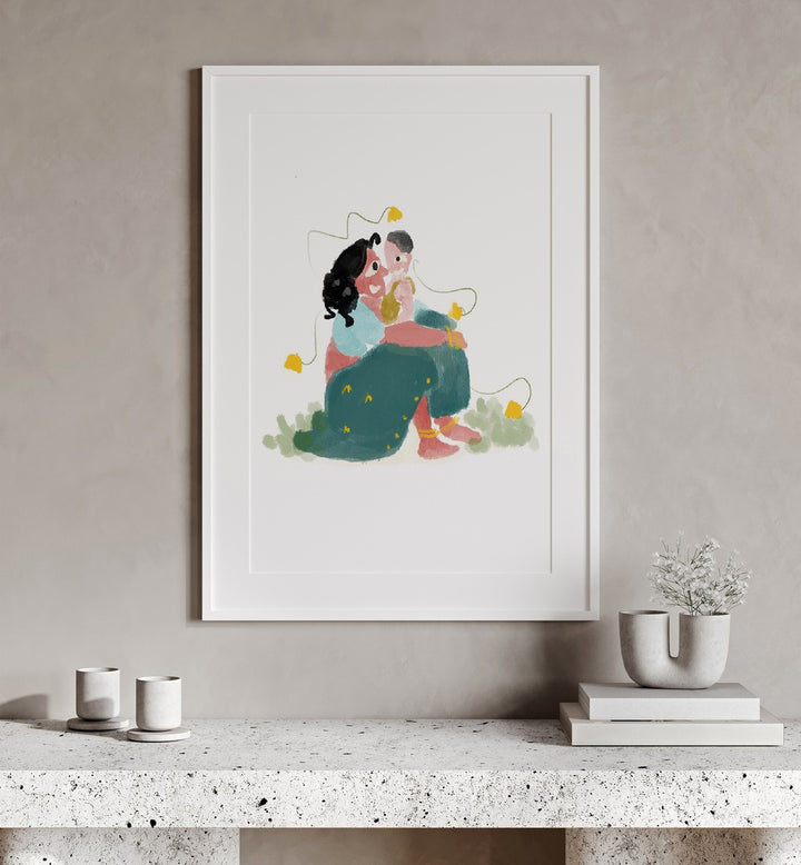 Mothers Love, Indian Art Paintings Artwork in White Frame With Mount placed on a Beige Colored Wall  above a Shelf 