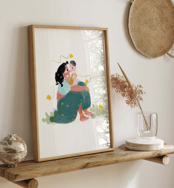 Mothers Love By Shreya Roy Chowdary, Indian Art Paintings Artwork in Oak Wood Plain Frame placed above a Shelf near a  Cream Colored Wall

