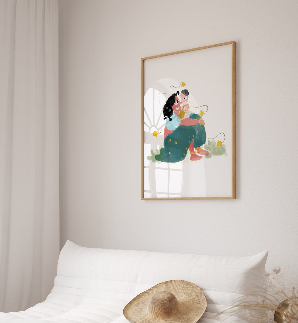 Mothers Love By Shreya Roy Chowdary, Indian Art Paintings Artwork in Oak Wood Plain Frame placed on a White Colored Wall near a Bed in the Bedroom