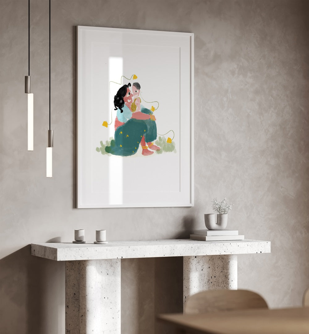 Mothers Love By Shreya Roy Chowdary, Indian Art Paintings Artwork in White Frame With Mount placed on a Beige Colored Wall placed above a Shelf in the Drawing Room