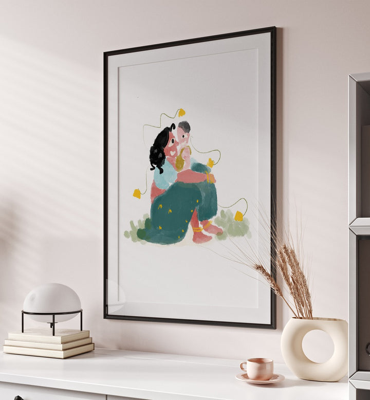 Mothers Love By Shreya Roy Chowdary, Indian Art Paintings Artwork in Black Frame With Mount placed on a Cream Colored Wall placed above a Console Table