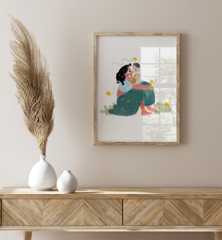 Mothers Love By Shreya Roy Chowdary, Indian Art Paintings Artwork in Oak Wood Plain Frame placed on a Cream Colored Wall placed above a Console Table