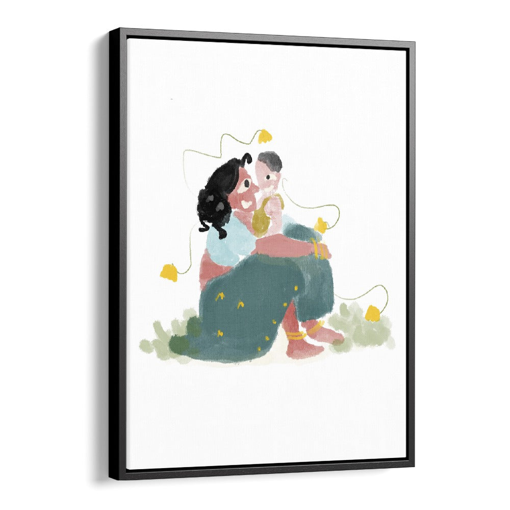 Mothers Love By Shreya Roy Chowdary, Indian Art Paintings Artwork in Black Floater Frame
