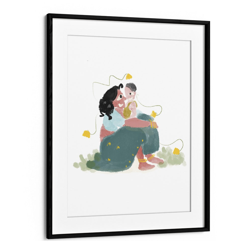 Mothers Love By Shreya Roy Chowdary, Indian Art Paintings Artwork in Black Frame With Mount
