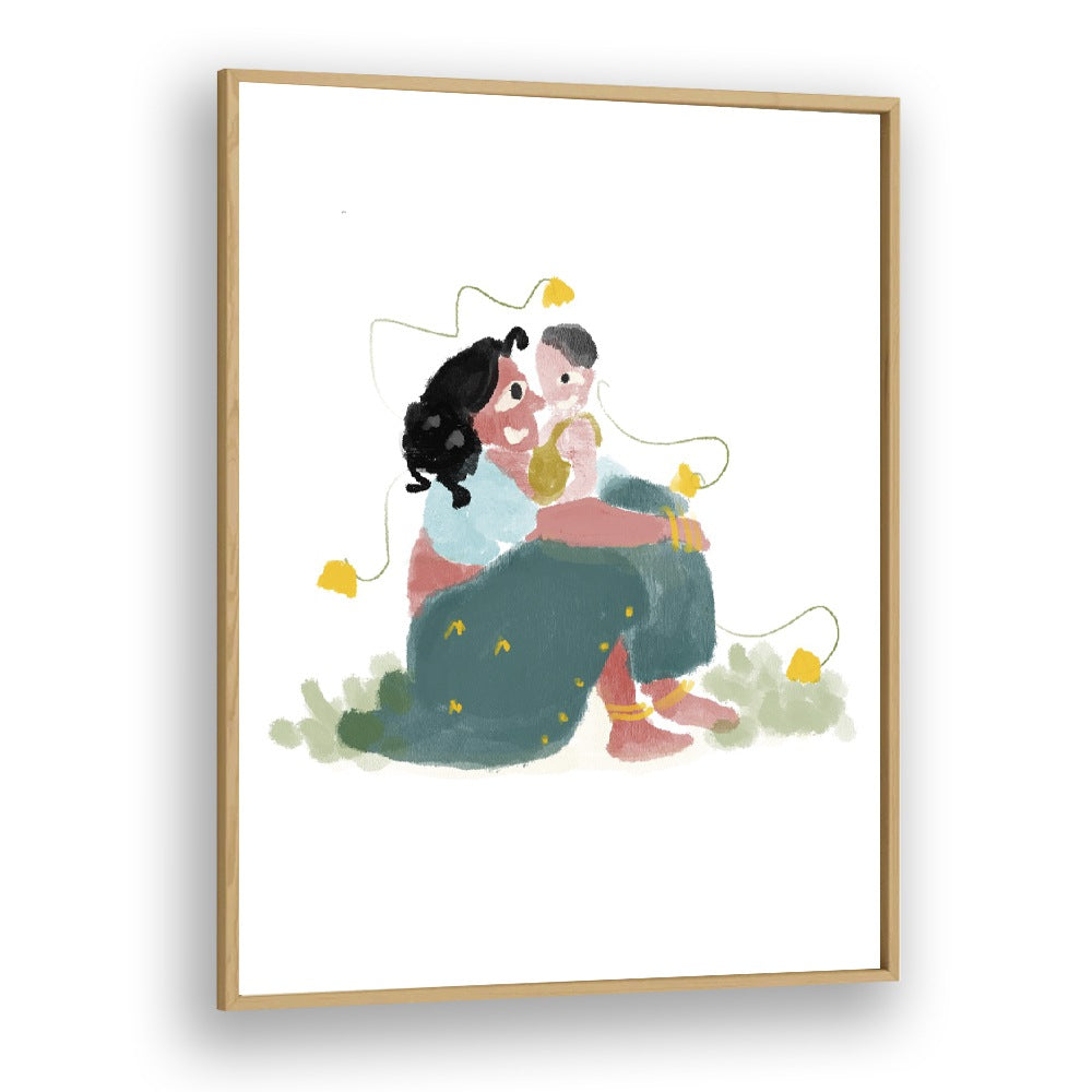 Mothers Love framed illuMothers Love By Shreya Roy Chowdary, Indian Art Paintings Artwork in Oak Wood Plain Frame
stration