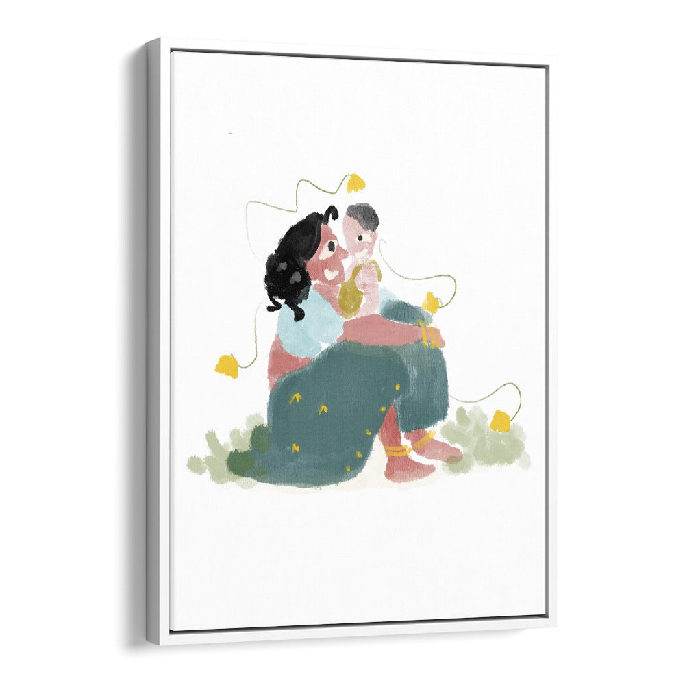 Mothers Love By Shreya Roy Chowdary, Indian Art Paintings Artwork in White Floater Frame
