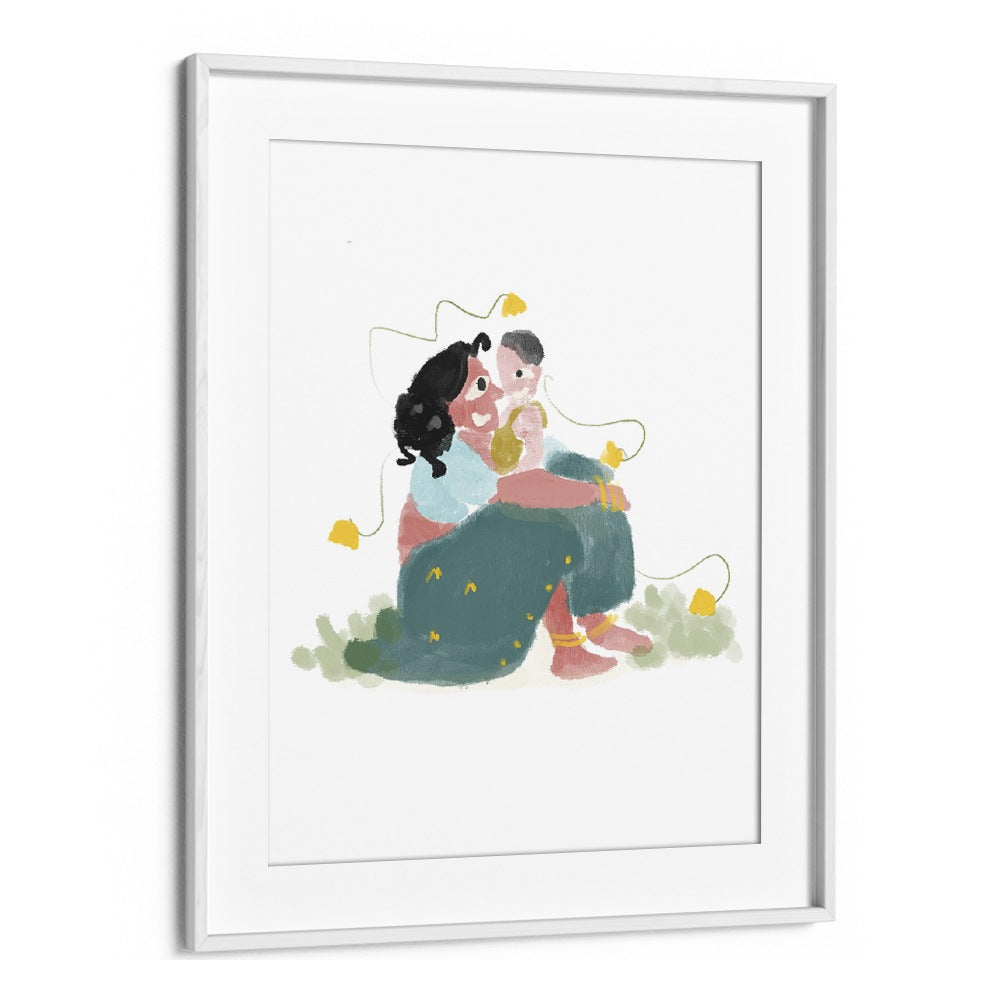 Mothers Love By Shreya Roy Chowdary, Indian Art Paintings Artwork in White Frame With Mount
