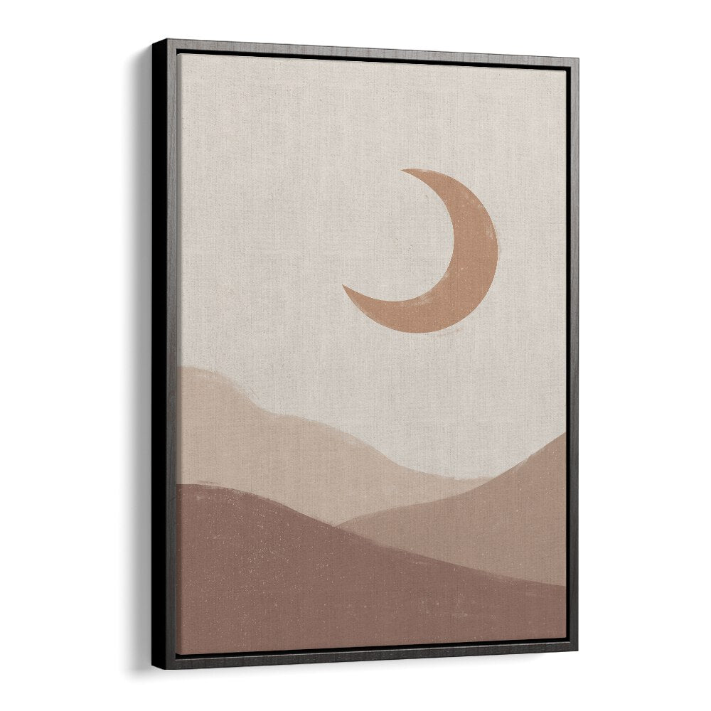 Mountain moonrise boho wall art painting Artwork in Black Floater Frame