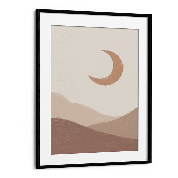 Mountain moonrise boho wall art painting Artwork in Black Frame With Mount