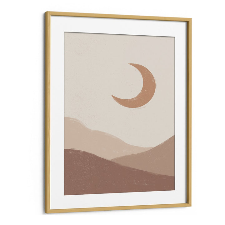 Mountain moonrise boho wall art painting in Oak Wood Frame With Mount