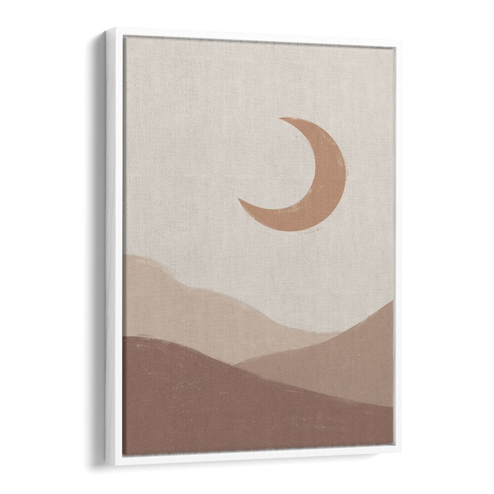 Mountain moonrise boho wall art painting Artwork in White Floater Frame