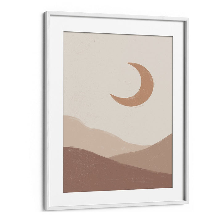 Mountain moonrise boho wall art painting Artwork in White Frame With Mount