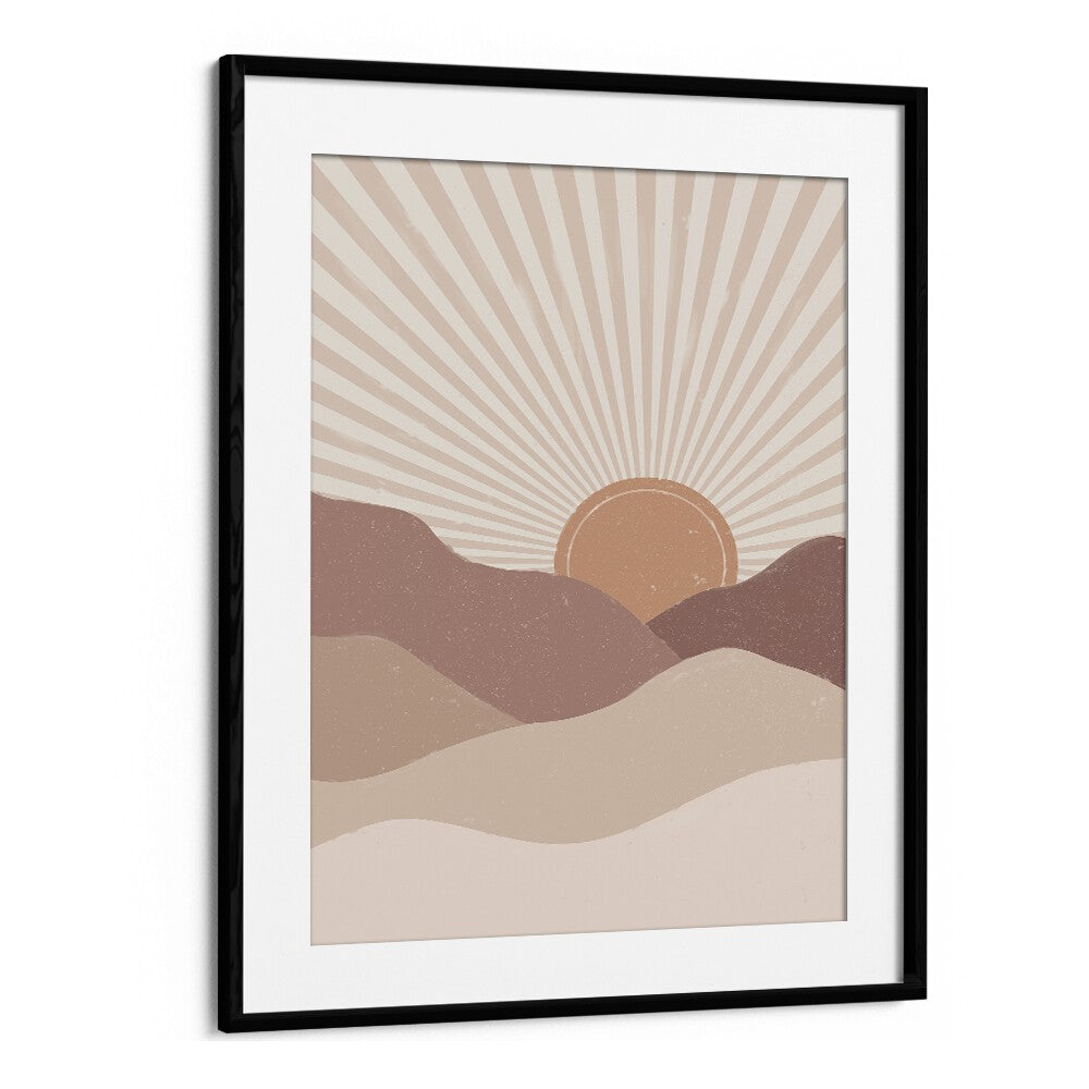 Mountain sunrise boho wall art painting Artwork in Black Frame With Mount