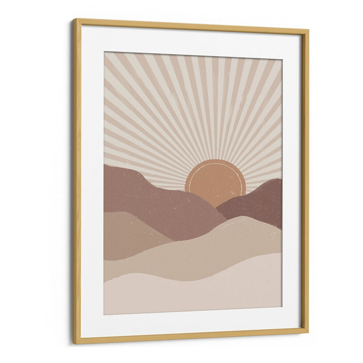 Mountain sunrise boho wall art painting in Oak Wood Frame With Mount