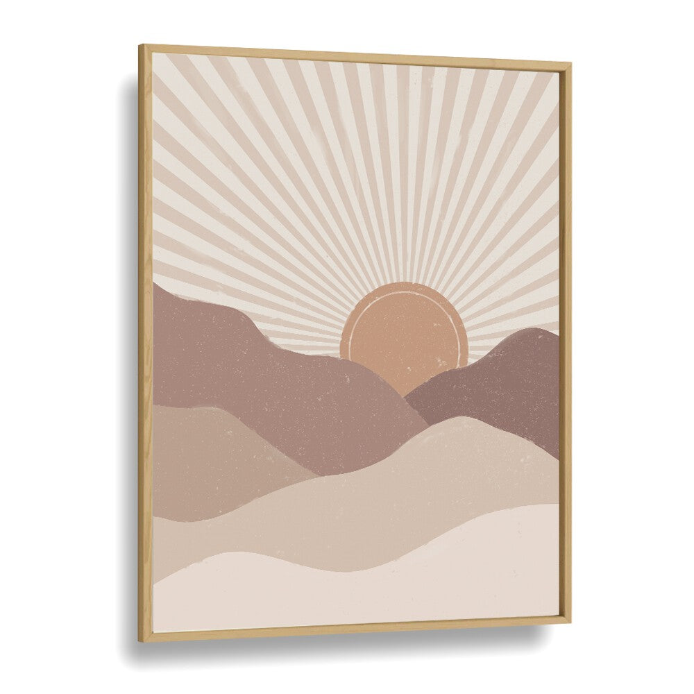 Mountain sunrise boho wall art painting Artwork in Oak Wood Plain Frame