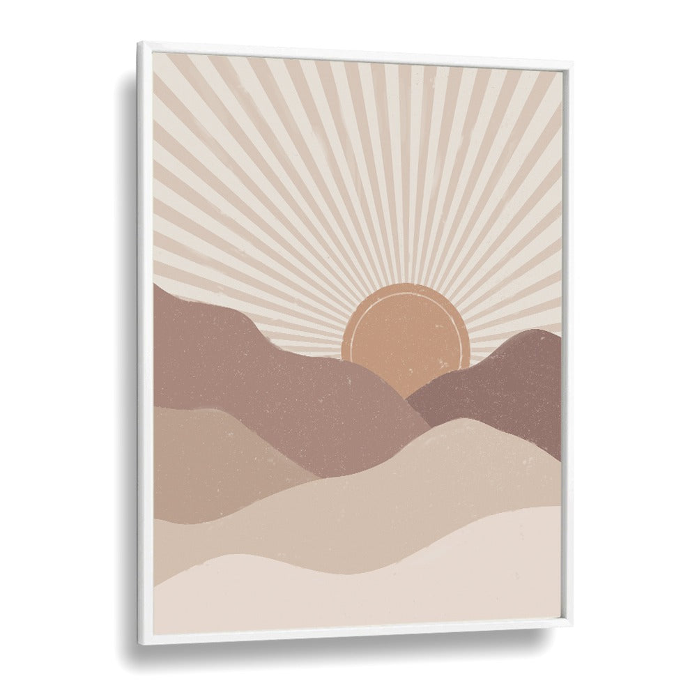 Mountain sunrise boho wall art painting Artwork in White Plain Frame