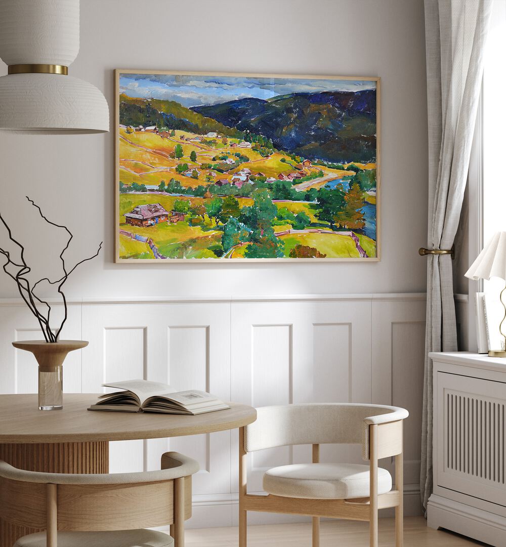 Vibrant MOUNTAIN, LANDSCAPE PAINTINGS adorn a modern room, perfect for nature lovers and outdoor enthusiasts.