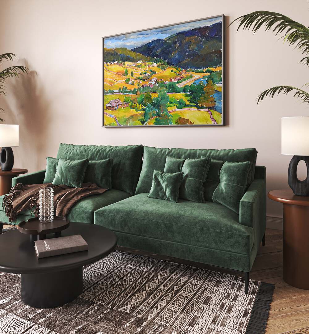 Vibrant MOUNTAIN, LANDSCAPE PAINTINGS enhance the cozy living space with stunning outdoor scenery. Perfect for any decor.