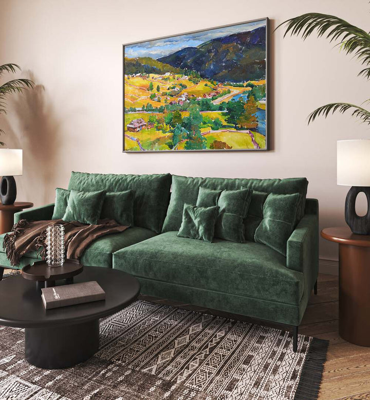 Vibrant MOUNTAIN, LANDSCAPE PAINTINGS enhance the cozy living space with stunning outdoor scenery. Perfect for any decor.