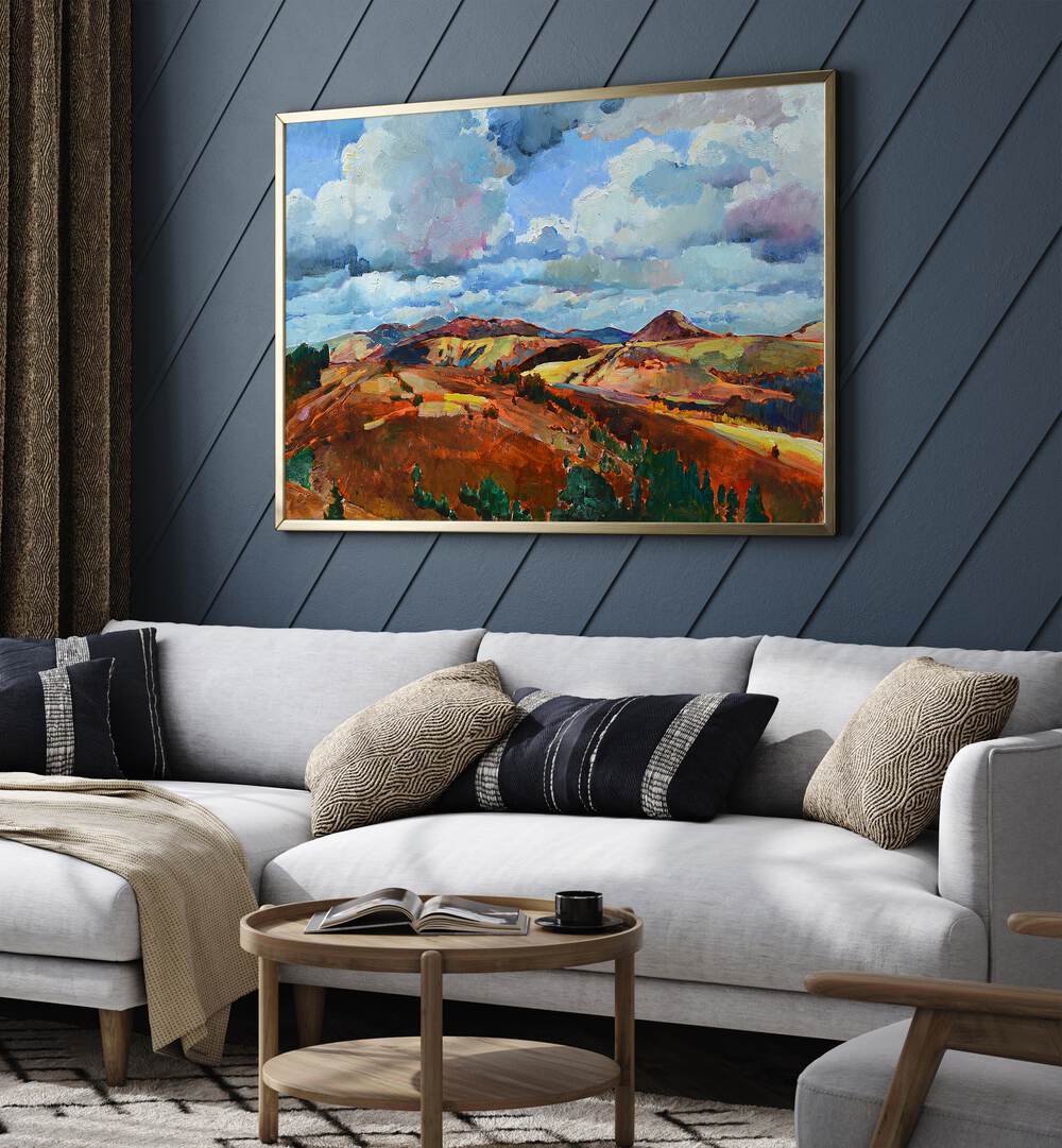 Stunning MOUNTAINS, LANDSCAPE PAINTINGS adorn a cozy living room, capturing nature's breathtaking beauty.