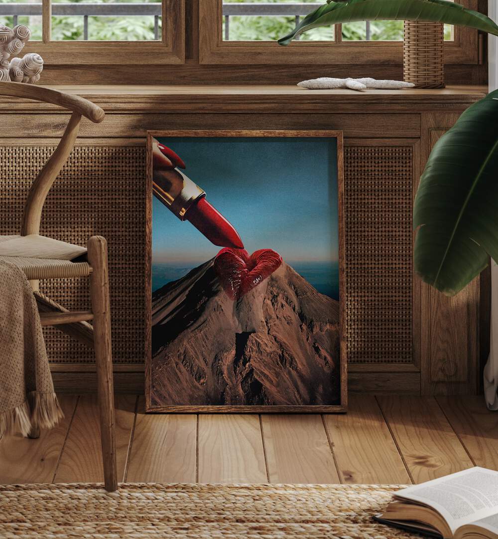 Mountin Rouge Surreal Art Painting Artwork in plain oakwood frame beside a chair 