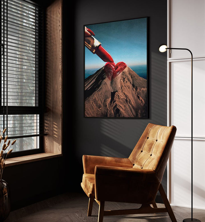 Mountin Rouge Surreal Art Painting Artwork in plain black frame beside a window on a grey wall