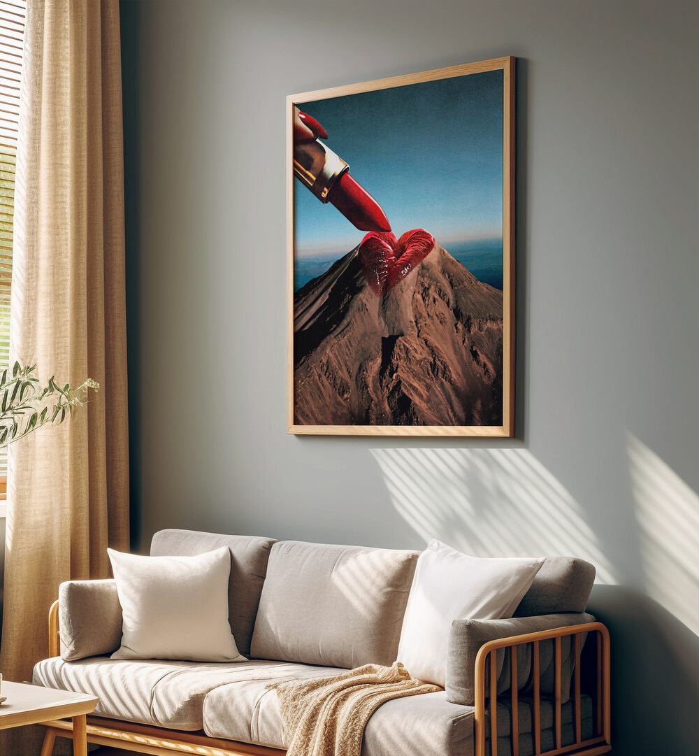 Mountin Rouge Surreal Art Painting Artwork in plain oakwood frame behind a sofa on white wall