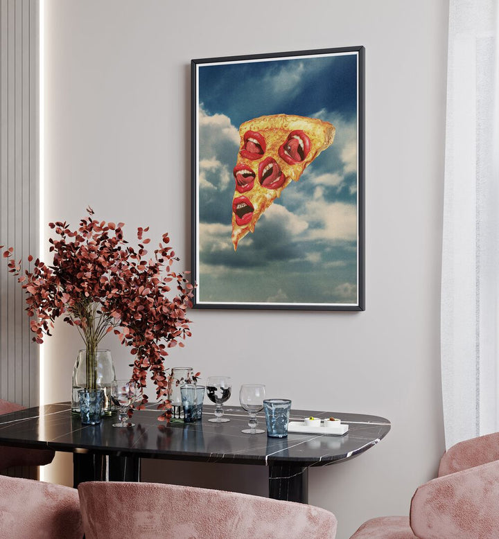 Mozzarella Mwah Surreal Art Painting Artwork in black frame with mount above a dining table on a white wall