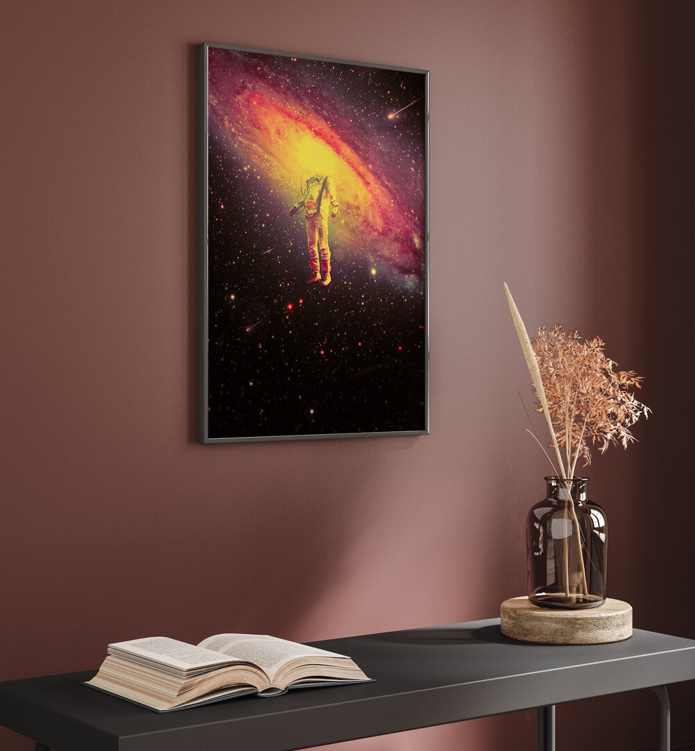 Mr. Galaxy By Francis Minoza Astronaut & Nasa Paintings, Space Art Prints Artwork in Black Plain Frame placed on a Peach Colored Wall in the Drawing Room
