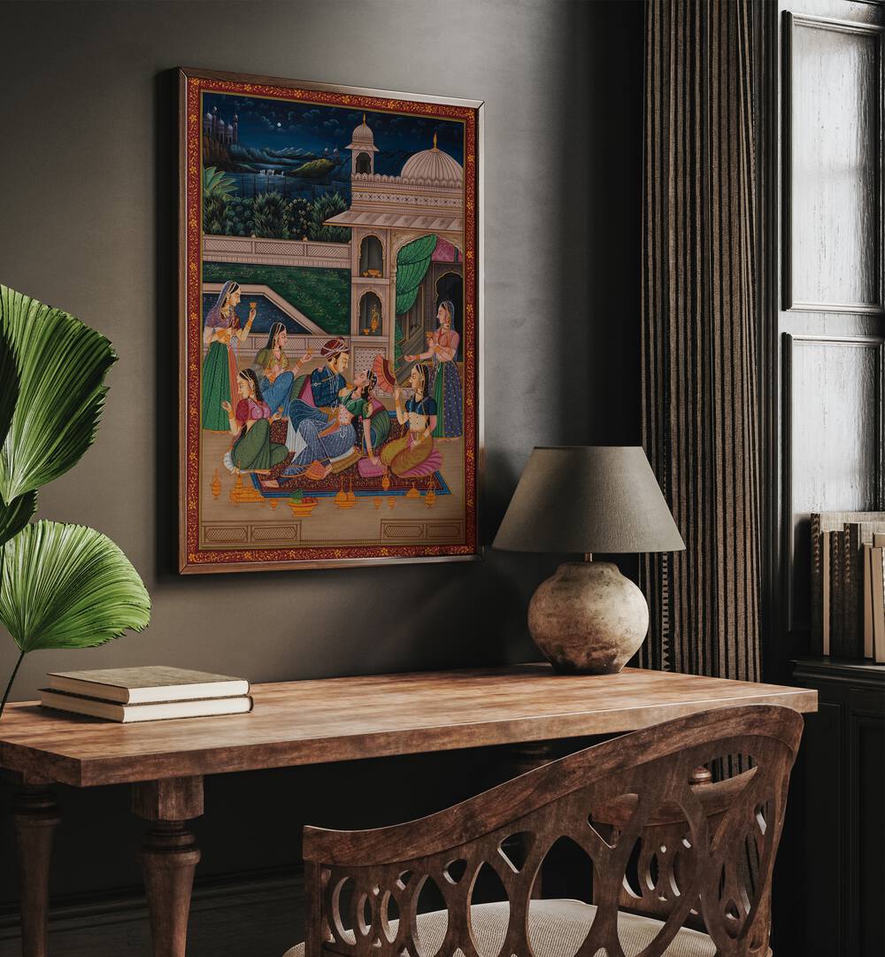 Mughal Painting Indian Art Painting Artwork in Dark Wood Plain Frame placed on a Dark Brown Wall next t o a wooden Study Desk in the Study Room