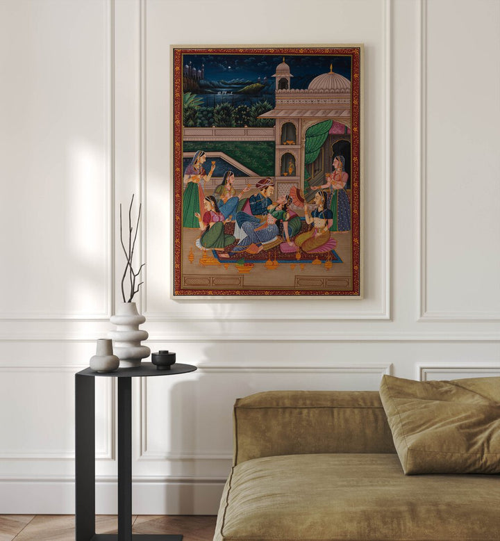 Mughal Painting Indian Art Painting Artwork in Oak Wood Plain Frame placed on a White Wall with French Molding next to a Brown Sofa in the Living Rom