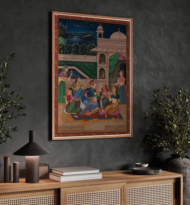 Mughal Painting Indian Art Painting Artwork in Oak Wood Plain Frame placed on a Dark Grey Stone Textured Wall Above A Wooden Console Table 