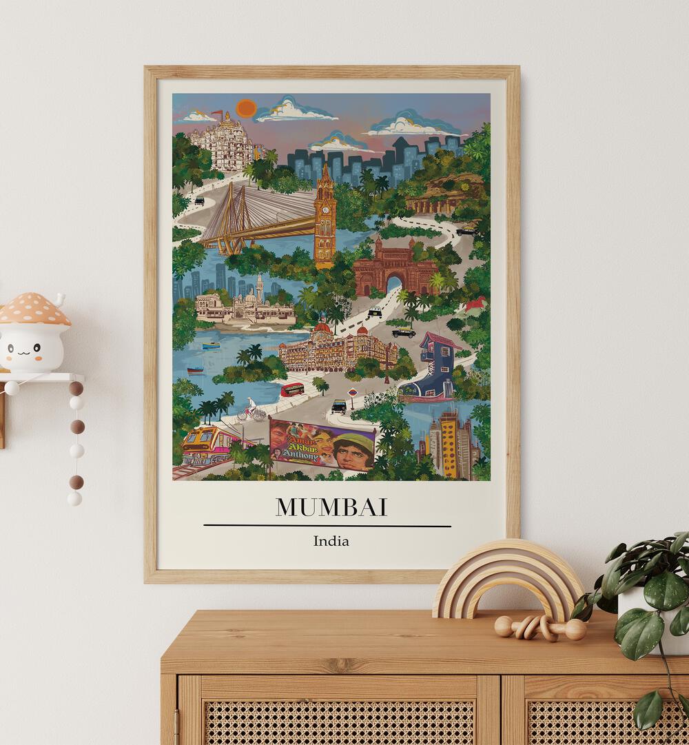 Vibrant Mumbai travel poster by Saumya Agarwal, showcasing the city’s spirit. Perfect for home decor. MUMBAI, TRAVEL POSTERS.