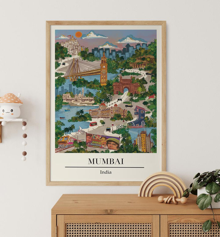 Vibrant Mumbai travel poster by Saumya Agarwal, showcasing the city’s spirit. Perfect for home decor. MUMBAI, TRAVEL POSTERS.