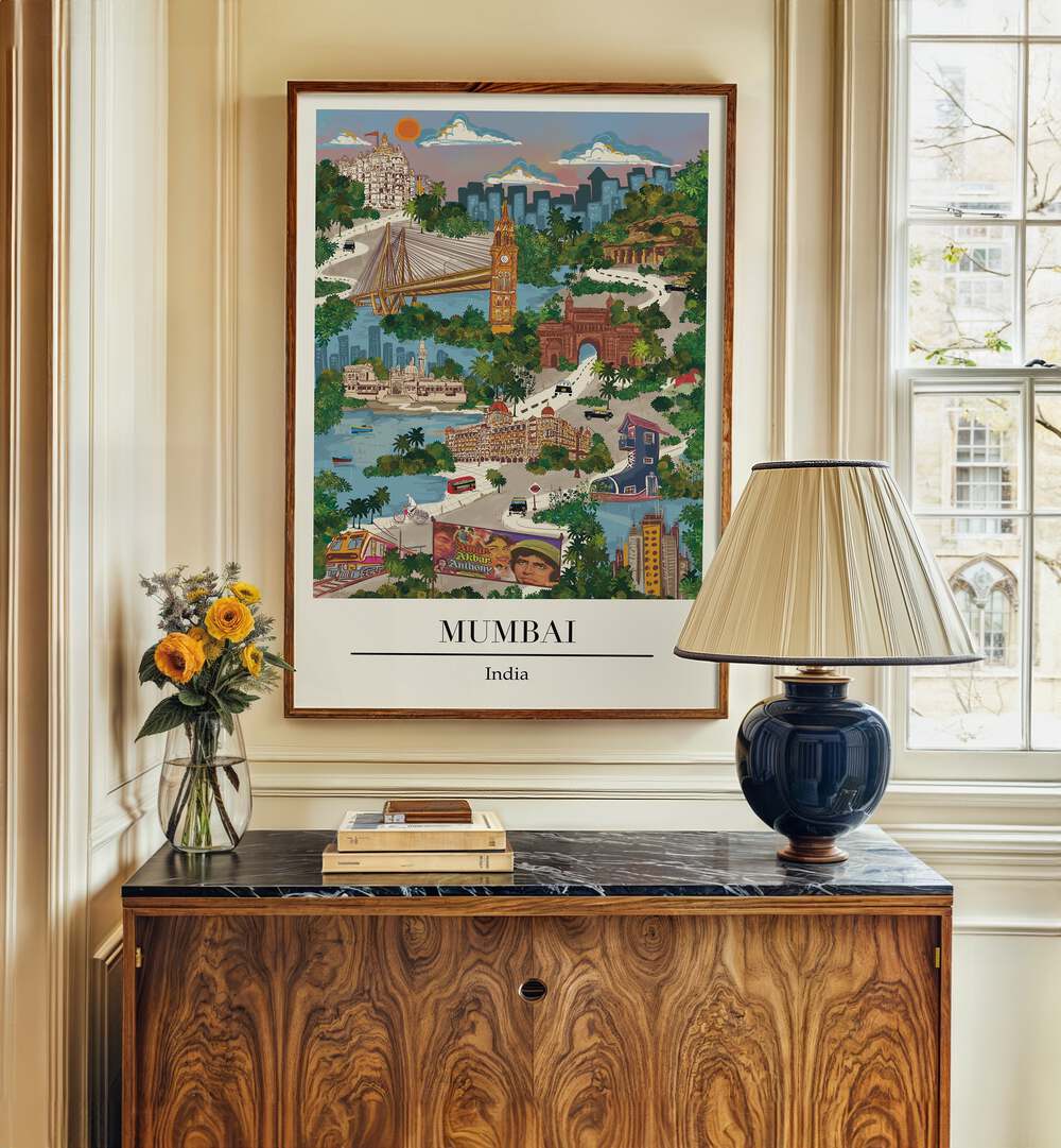 Vibrant Mumbai Travel Poster by Saumya Agarwal, showcasing the city's spirit in beautiful wall art. Perfect for decor.