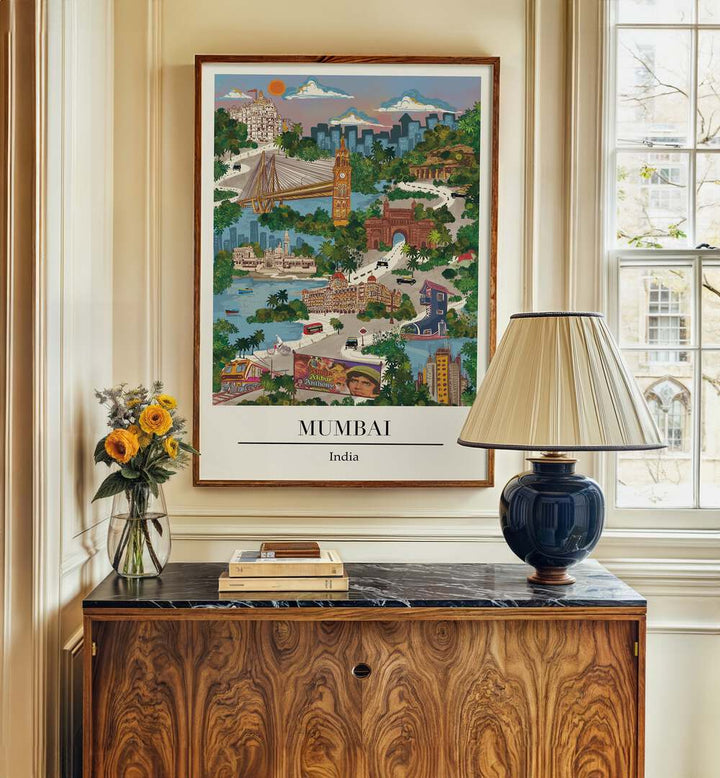 Vibrant Mumbai Travel Poster by Saumya Agarwal, showcasing the city's spirit in beautiful wall art. Perfect for decor.