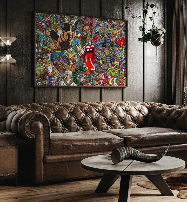 Music Doodle Pop Art Artwork in plain black frame above brown leather sofa for living room