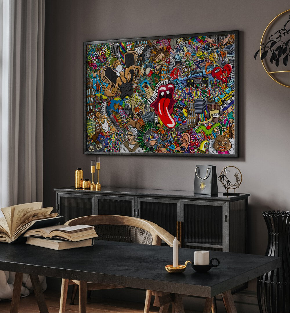 Music Doodle Pop Art Artwork in plain black frame above black console table for study room