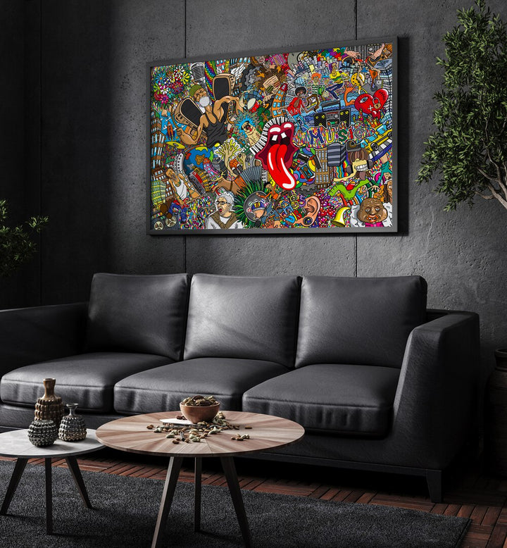 Music Doodle Pop Art Artwork in plain black frame behind black leather sofa for living room