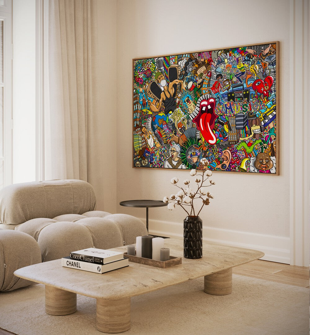 Music Doodle Pop Art Artwork In plain oakwood frame next to beige sofa for living room