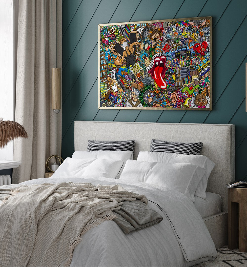 Music Pop Art Artwork in plain gold frame behind white bed for bedroom