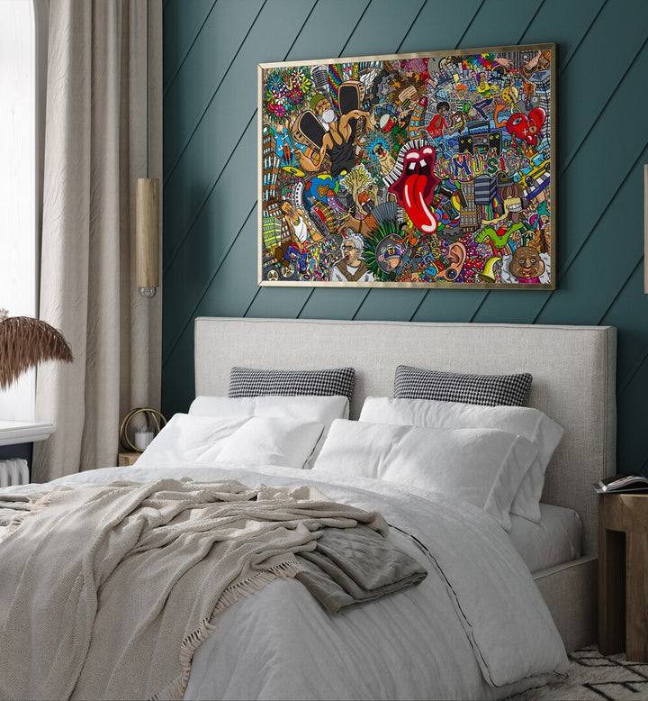 Music Pop Art Artwork in plain gold frame behind white bed for bedroom