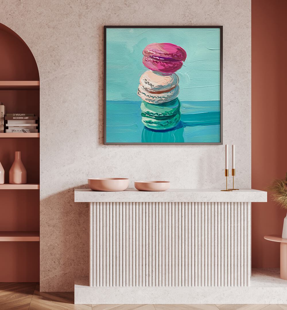 Macarons By Key And Sea Creative Bar and Cafe Artwork in Darkwood plain frame on a pink wall above a console table