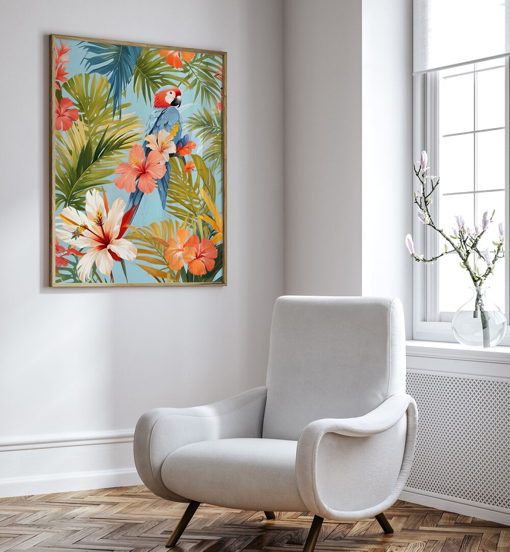 Macaw Tropical Solitude By Uma Gokhale Animal Art Prints in Oak Wood Plain Frame on a white wall beside a window